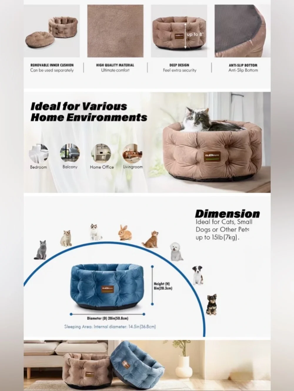 🟤 ClevaHome Beige Plush Cat Bed - Cozy Round Pet Nest